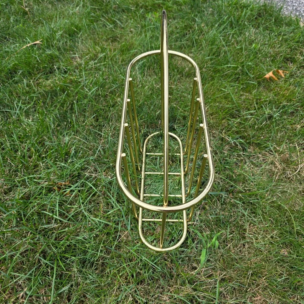 Vintage Gold Wire Magazine Rack Mid Century Modern Metal Newspaper Stand Handle